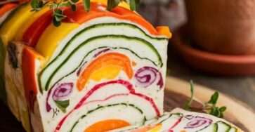 Terrine de légumes colorés au fromage frais, tranchée net, lamelles de courgette et poivrons visibles, servie en entrée avec herbes fraîches.