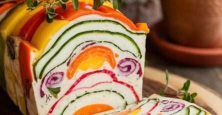 Terrine de légumes colorés au fromage frais, tranchée net, lamelles de courgette et poivrons visibles, servie en entrée avec herbes fraîches.