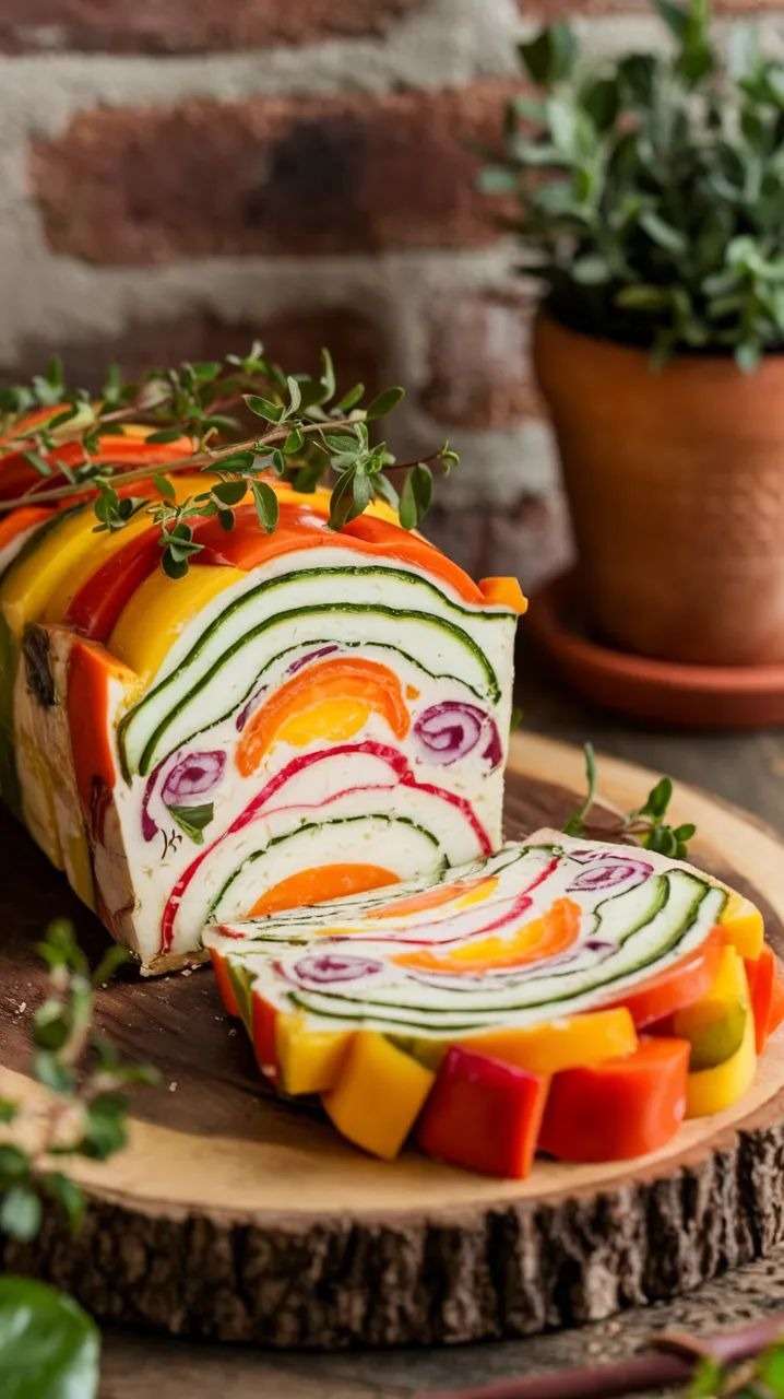 Terrine de légumes colorés au fromage frais, tranchée net, lamelles de courgette et poivrons visibles, servie en entrée avec herbes fraîches.