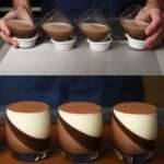 Verrines de panna cotta au chocolat noir, texture lisse et brillante, saupoudrées de cacao, servies bien froides avec effet incliné.