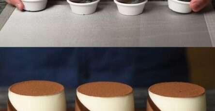 Verrines de panna cotta au chocolat noir, texture lisse et brillante, saupoudrées de cacao, servies bien froides avec effet incliné.