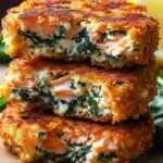 Galettes de saumon croustillantes aux épinards, dorées à la poêle, servies avec citron et salade verte, texture moelleuse visible à la coupe.