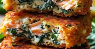 Galettes de saumon croustillantes aux épinards, dorées à la poêle, servies avec citron et salade verte, texture moelleuse visible à la coupe.