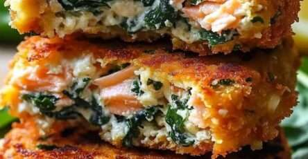 Galettes de saumon croustillantes aux épinards, dorées à la poêle, servies avec citron et salade verte, texture moelleuse visible à la coupe.