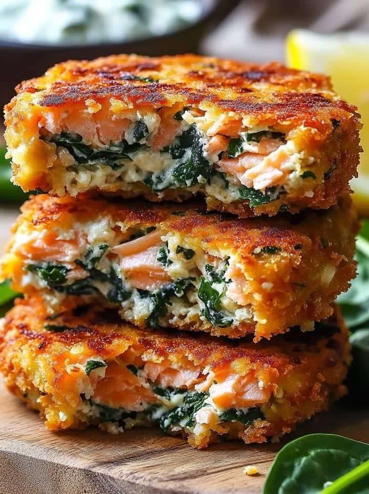 Galettes de saumon croustillantes aux épinards, dorées à la poêle, servies avec citron et salade verte, texture moelleuse visible à la coupe.
