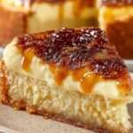 Crème brûlée cake maison dans un moule rond, gâteau moelleux recouvert d’une crème vanillée lisse et d’une croûte caramel dorée et craquante.