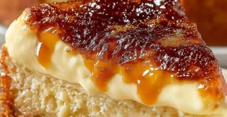 Crème brûlée cake maison dans un moule rond, gâteau moelleux recouvert d’une crème vanillée lisse et d’une croûte caramel dorée et craquante.