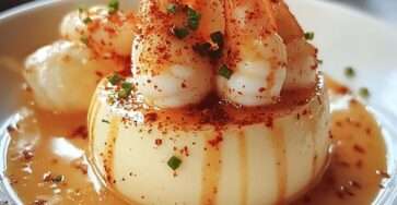 Panna cotta salée en verrine, crème lisse légèrement rosée au paprika, garnie de crevettes et de chair de homard, finie à la ciboulette.