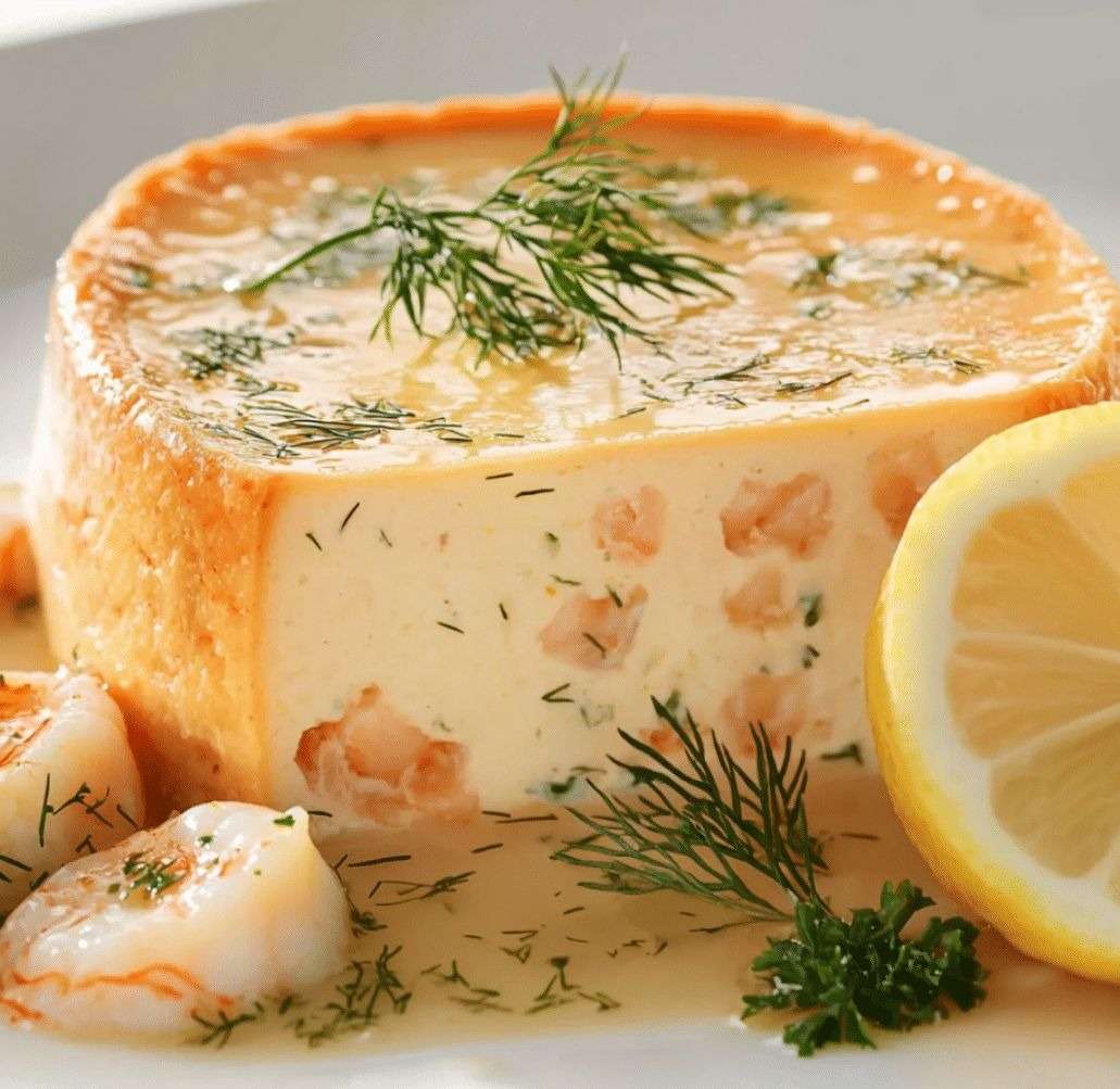 Flan de poisson au saumon et citron démoulé sur assiette, texture fondante, parsemé d’aneth frais, accompagné de rondelles de citron.