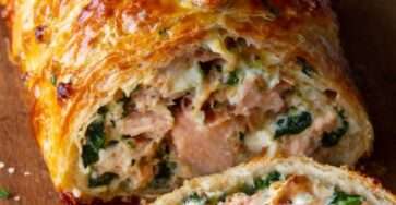 Saumon en croûte aux épinards coupé en tranches, pâte feuilletée dorée et croustillante, cœur de saumon rosé et garniture crémeuse aux épinards.