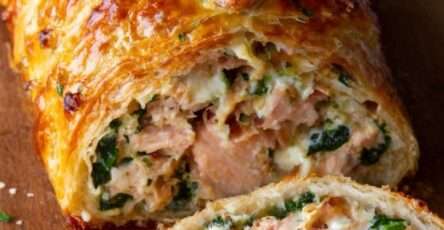 Saumon en croûte aux épinards coupé en tranches, pâte feuilletée dorée et croustillante, cœur de saumon rosé et garniture crémeuse aux épinards.