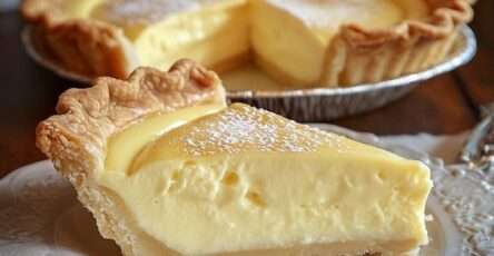 Tarte à la crème soyeuse vanillée à l’ancienne, surface légèrement dorée, pâte croustillante, part découpée montrant une crème lisse et fondante saupoudrée de sucre glace.