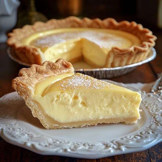 Tarte à la crème soyeuse vanillée à l’ancienne, surface légèrement dorée, pâte croustillante, part découpée montrant une crème lisse et fondante saupoudrée de sucre glace.