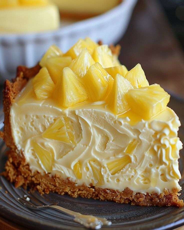 Cheesecake sans cuisson à l’ananas sur base biscuitée, crème lisse et épaisse, morceaux d’ananas juteux sur le dessus, part découpée montrant les couches.