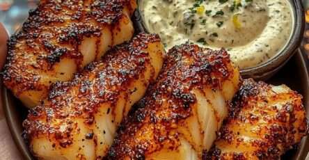 Bouchées de cabillaud dorées à la poêle au beurre à l’ail, morceaux croustillants, servis avec une sauce citronnée au yaourt et herbes dans un bol.