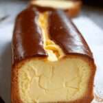 Cheesecake basque crémeux cuit dans un moule à cake, avec surface dorée caramélisée et intérieur fondant, servi en tranches sur une assiette.