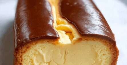 Cheesecake basque crémeux cuit dans un moule à cake, avec surface dorée caramélisée et intérieur fondant, servi en tranches sur une assiette.