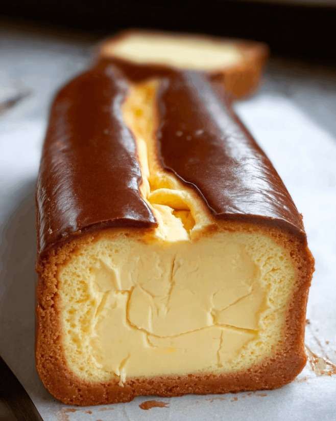 Cheesecake basque crémeux cuit dans un moule à cake, avec surface dorée caramélisée et intérieur fondant, servi en tranches sur une assiette.