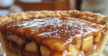 Tarte aux pommes au caramel fondant avec pâte dorée croustillante, pommes tendres parfumées à la cannelle et nappage brillant au caramel onctueux.