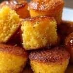 Bouchées de cornbread dorées et moelleuses, servies chaudes avec un nappage brillant au miel et au beurre, dans un moule à mini muffins.
