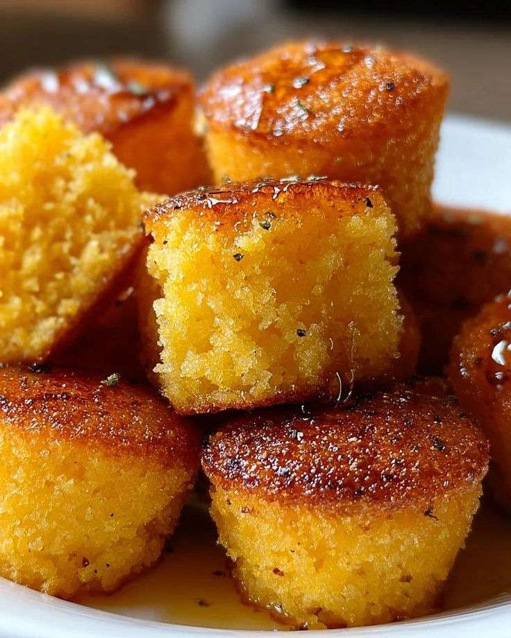 Bouchées de cornbread dorées et moelleuses, servies chaudes avec un nappage brillant au miel et au beurre, dans un moule à mini muffins.