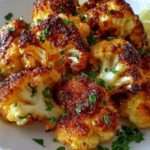 Chou-fleur rôti au four en petits bouquets dorés et croustillants, assaisonné au paprika, à l’ail et garni de persil frais.