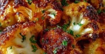 Chou-fleur rôti au four en petits bouquets dorés et croustillants, assaisonné au paprika, à l’ail et garni de persil frais.