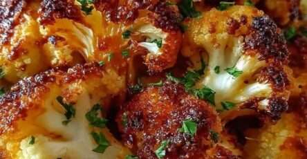 Chou-fleur rôti au four en petits bouquets dorés et croustillants, assaisonné au paprika, à l’ail et garni de persil frais.