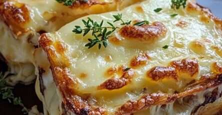 Croque-monsieur montagnard doré au four, garni de jambon, crème fraîche et fromage fondant, servi chaud avec herbes fraîches.