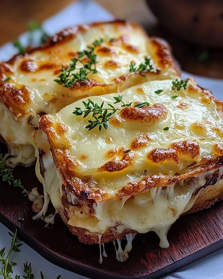 Croque-monsieur montagnard doré au four, garni de jambon, crème fraîche et fromage fondant, servi chaud avec herbes fraîches.