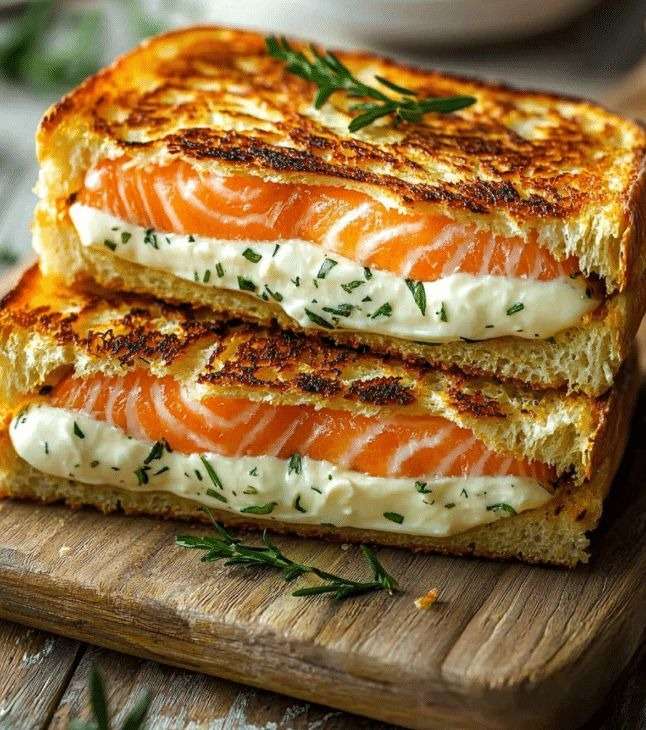 Croque-monsieur au saumon et Boursin doré à la poêle, pain croustillant, crème fondante aux herbes et garniture de saumon servi chaud.