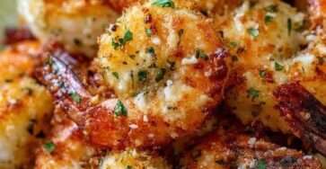 Crevettes croustillantes à l’air fryer enrobées d’ail et de parmesan, dorées et garnies de persil frais avec un filet de citron.