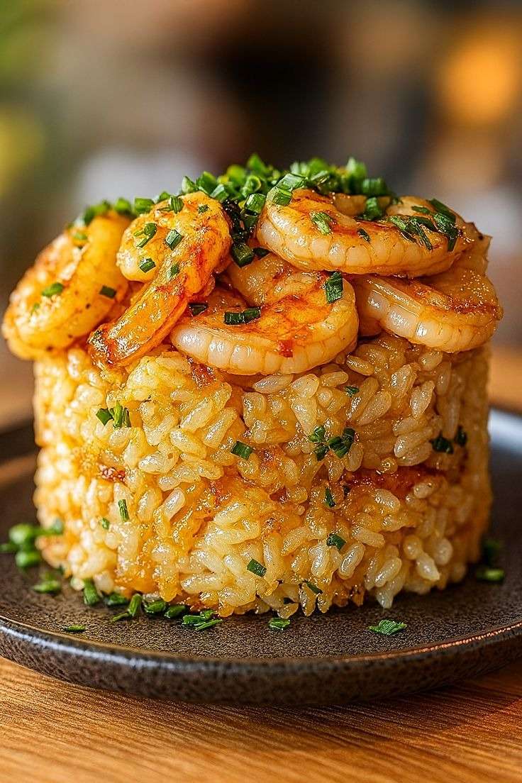 Tour de riz crémeux aux crevettes dorées au beurre à l’ail, garnie de ciboulette fraîche et parmesan, dressée en forme de dôme dans une assiette.