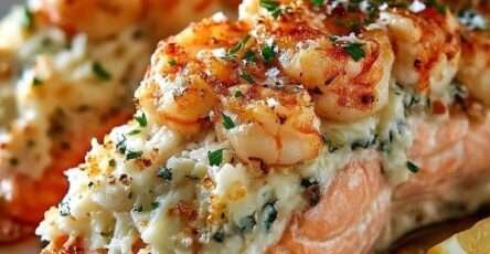 Filet de saumon farci au crabe et aux crevettes, garni de persil frais et légèrement doré au four dans un plat de cuisson.