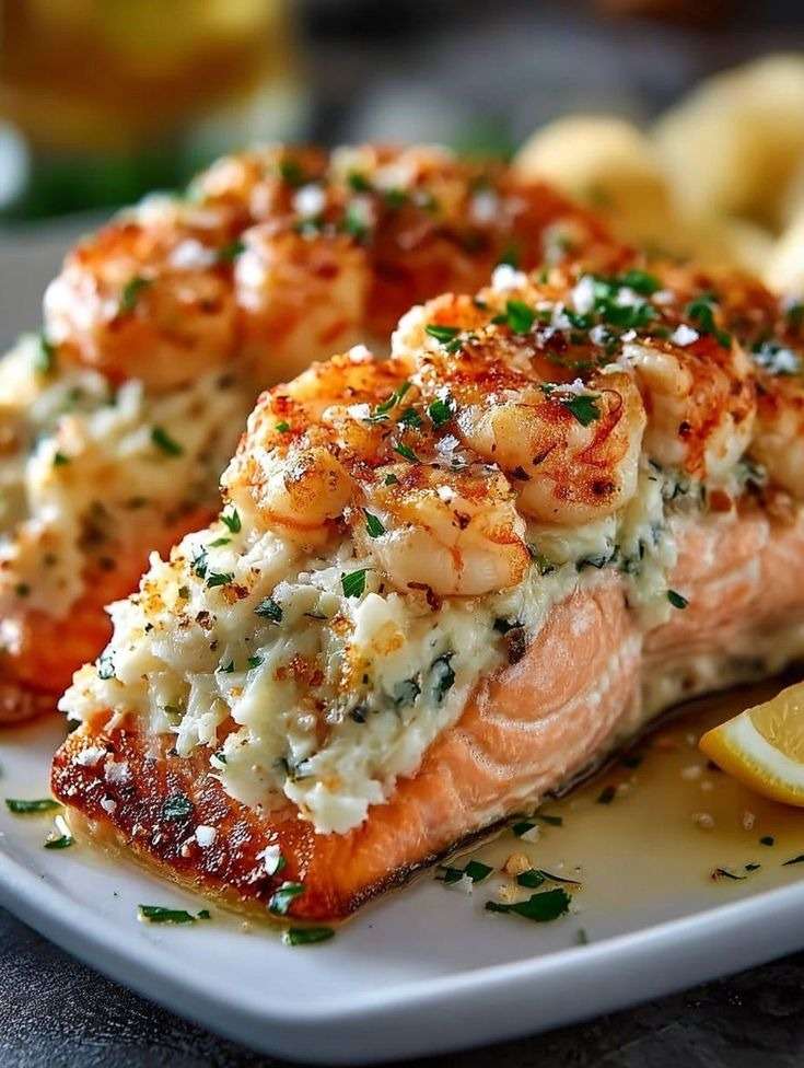 Filet de saumon farci au crabe et aux crevettes, garni de persil frais et légèrement doré au four dans un plat de cuisson.