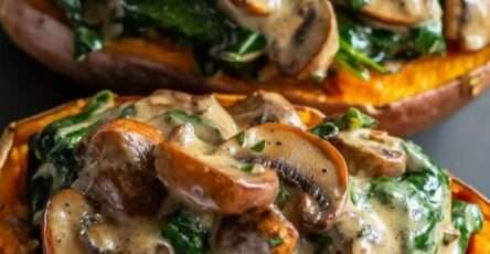 Patates douces rôties au four garnies d’épinards et champignons crémeux, parsemées de parmesan et persil frais dans une assiette.