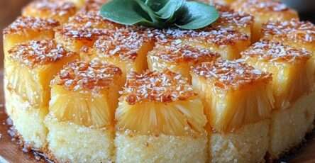 Gâteau renversé à l’ananas caramélisé avec tranches d’ananas dorées et caramel brillant sur un gâteau moelleux.