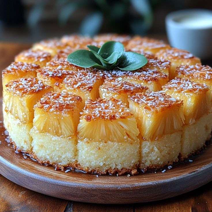Gâteau renversé à l’ananas caramélisé avec tranches d’ananas dorées et caramel brillant sur un gâteau moelleux.