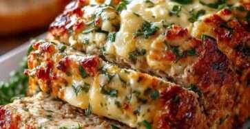 Pain de viande de poulet à l’ail et au parmesan doré au four, tranché et garni de persil frais sur une assiette.