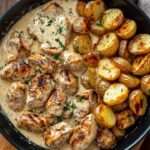 Morceaux de poulet crémeux à l’ail accompagnés de pommes de terre dorées croustillantes et persil frais dans une poêle.
