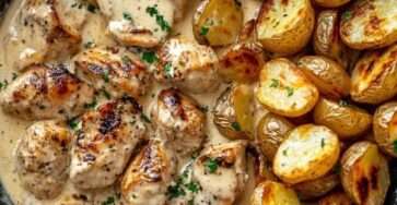 Morceaux de poulet crémeux à l’ail accompagnés de pommes de terre dorées croustillantes et persil frais dans une poêle.