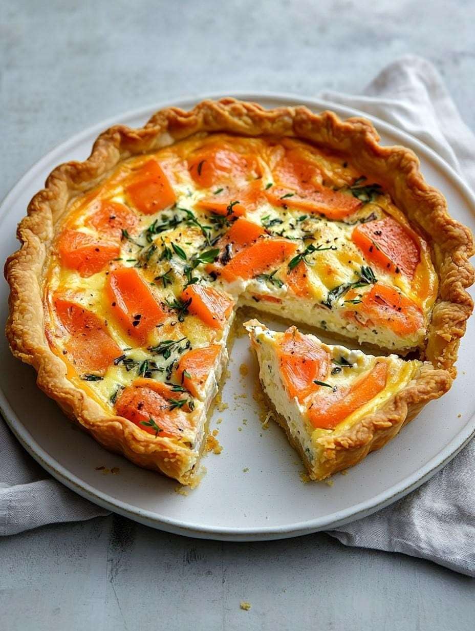 Quiche au saumon fumé dorée au four avec garniture crémeuse aux œufs et herbes fraîches dans un moule à tarte.