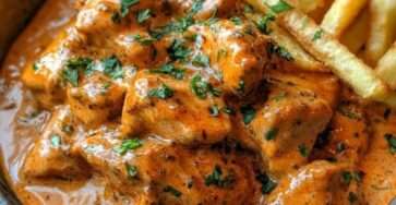 Morceaux de poulet nappés de sauce crémeuse au paprika servis avec frites dorées et croustillantes dans une assiette.