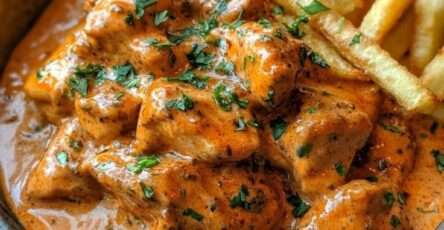 Morceaux de poulet nappés de sauce crémeuse au paprika servis avec frites dorées et croustillantes dans une assiette.