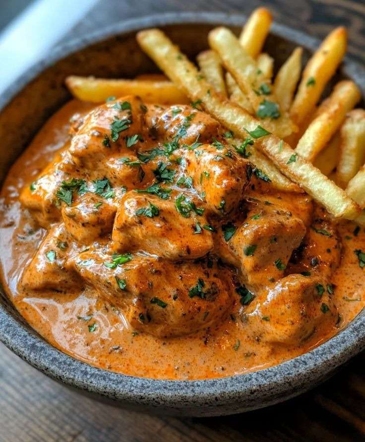 Morceaux de poulet nappés de sauce crémeuse au paprika servis avec frites dorées et croustillantes dans une assiette.