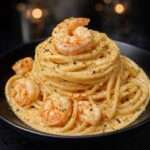 Volcan de pâtes spaghetti crémeux au parmesan garni de crevettes dorées et persil frais dans une assiette.
