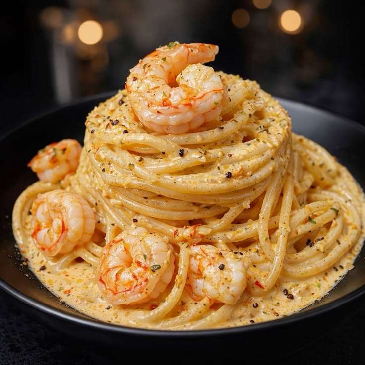 Volcan de pâtes spaghetti crémeux au parmesan garni de crevettes dorées et persil frais dans une assiette.