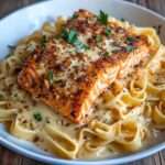 Fettuccine crémeuses au beurre et à l’ail garnies d’un filet de saumon doré et de persil frais dans une assiette.