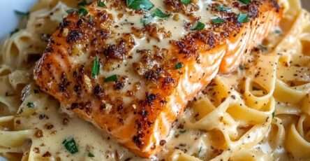 Fettuccine crémeuses au beurre et à l’ail garnies d’un filet de saumon doré et de persil frais dans une assiette.