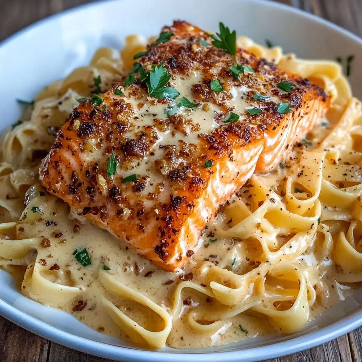 Fettuccine crémeuses au beurre et à l’ail garnies d’un filet de saumon doré et de persil frais dans une assiette.